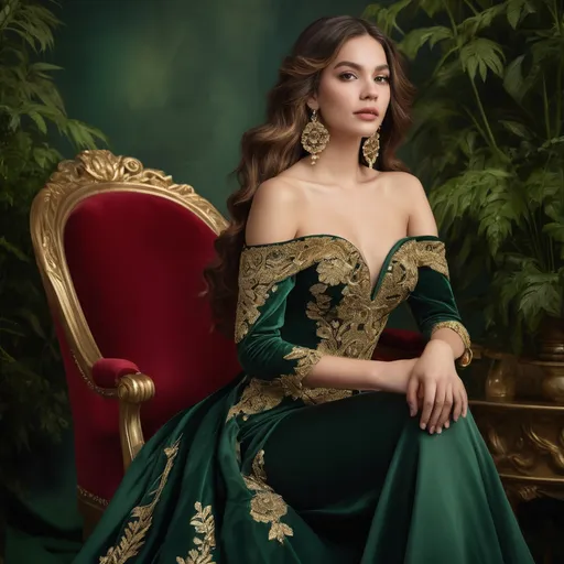 Prompt: Seated elegantly on a plush, red velvet chair adorned with intricate gold detailing, a stunning young woman captivates with her fashionable green gown embellished with ornate golden embroidery. The off-shoulder design highlights her graceful neckline, while her long, wavy hair cascades over her shoulders, framing her strikingly beautiful face, complete with dramatic makeup and sparkling earrings. Surrounding her, lush greenery intertwined with soft pink and red roses enhances the scene, creating a romantic and luxurious ambiance. Soft, diffused lighting accentuates the rich colors and textures, evoking a mood of elegance and charm, as if capturing a moment from a fairy tale.