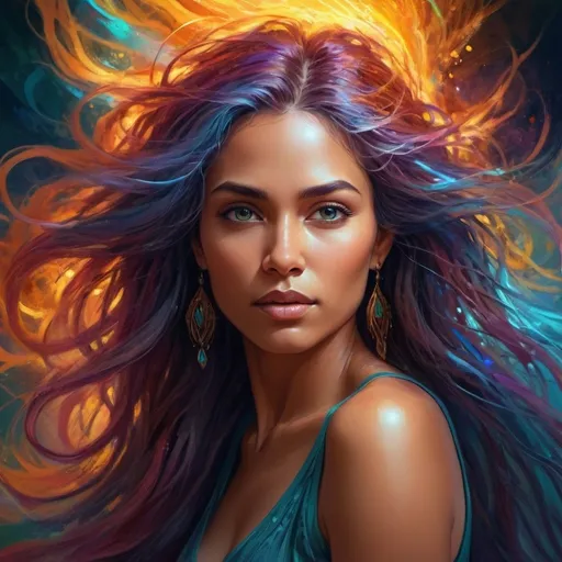 Prompt: Detailed digital painting of a powerful woman, vibrant colors, magical fantasy setting, flowing hair with intricate details, intense and confident expression, ethereal and mystical atmosphere, high quality, digital painting, fantasy, vibrant colors, flowing hair, powerful, confident, mystical, atmospheric lighting