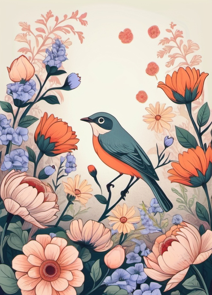 Prompt: bird and flowers