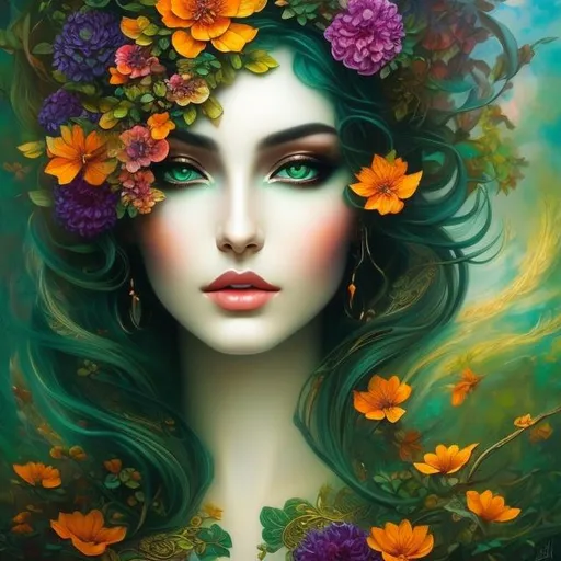 Prompt: Beautiful  hybrid woman with orange flowers sprouting from her, oil painting, detailed green eyes,  ethereal glow, dark and mysterious, high quality, vibrant colors, surreal, haunting, intricate floral details, intense gaze, mystical atmosphere, oil painting, demon, hybrid, fiery eyes, ethereal, vibrant colors, surreal, haunting, floral details, intense gaze, mystical atmosphere