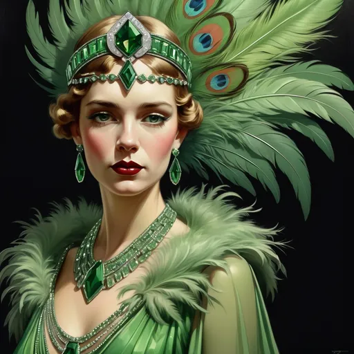 Prompt: a woman in a green dress with feathers on her head and a tiara on her head, with a feathery collar and a green jeweled necklace, Edwin Georgi, art deco, highly detailed digital painting, an art deco painting