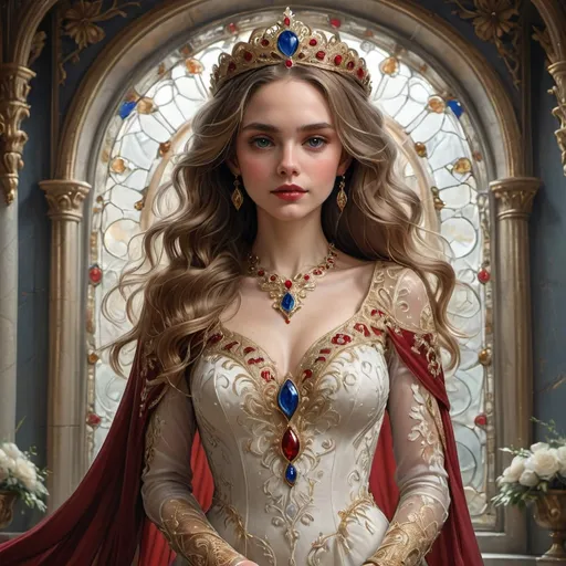 Prompt: In an elegant indoor setting, a poised woman stands gracefully at the center, dressed in a stunning gown of rich red and white, adorned with intricate gold embroidery and a striking blue gemstone at the neckline. Her hair cascades in soft waves, complemented by a delicate tiara perched atop her head. The background features ornate stone walls and large windows that allow sunlight to filter in, casting a warm glow that highlights the colorful floral wallpaper and the lush greenery visible outside. The overall atmosphere is one of royal sophistication and regal elegance, evoking a sense of timeless beauty and grace.