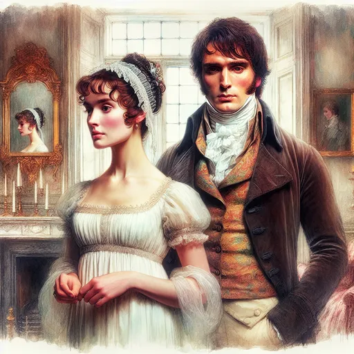 Prompt: Mr. Darcy and Elizabeth Bennet-a man and a woman in  18th century period dress standing next to each other in a room with a mirror on the wall, Cassandra Austen, pre-raphaelitism, promotional image, an impressionist painting