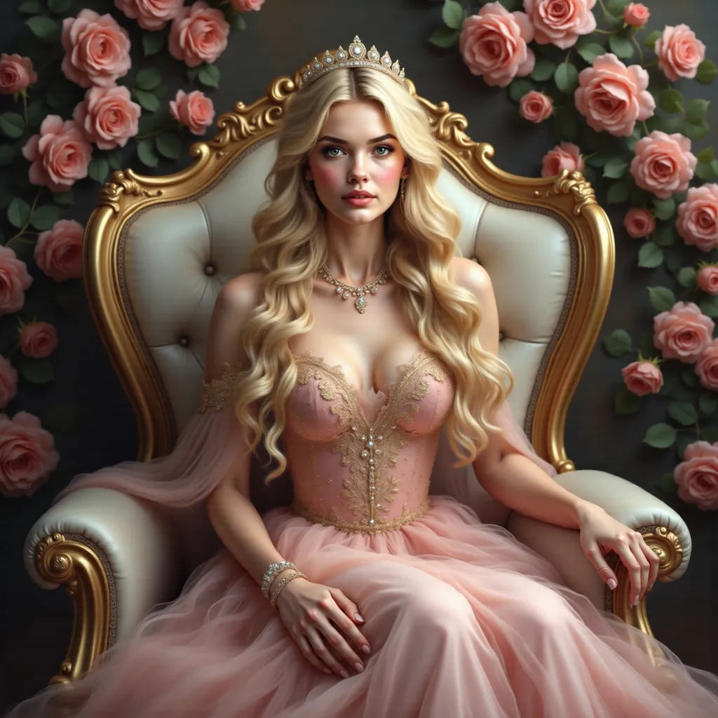 Prompt: A regal figure occupies a lavish throne, embodying elegance and grace with a stunning gown of soft pink adorned with intricate golden embellishments. Her long, wavy hair cascades over her shoulders, accentuated by a delicate tiara and matching jewelry that catch the light. Set against a backdrop of opulent fabric and ornate details, the rich color palette, featuring soft pastels contrasted by golden accents, enhances her royal presence. Surrounding her are lush roses, emphasizing a feeling of romance and grandeur, while the ornate chair frames her poised posture, contributing to an overall narrative of beauty and sophistication. The scene radiates an air of charm and fantasy, inviting viewers into a world of elegance and enchantment.