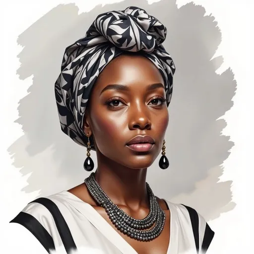 Prompt: This is a highly detailed, realistic digital portrait of a dark-skinned woman with a regal and elegant appearance. She has a smooth, even complexion with a slight sheen, suggesting healthy, well-moisturized skin. Her facial features are finely sculpted, with high cheekbones, a straight nose, and full lips that are slightly parted. Her eyes are large and expressive, with dark, well-defined eyebrows. She is wearing a traditional African headwrap in a black and white geometric pattern that is elegantly tied around her head, covering her hair completely. Her ears are adorned with large, teardrop-shaped, black beaded earrings that dangle gracefully. Around her neck, she wears an elaborate, multi-layered necklace composed of numerous small, sparkling beads that add a touch of opulence. She is also wearing a white garment with black stripes, visible at the shoulders. The background is a simple, soft gray, which helps to highlight her features and attire. The image is rendered in a hyper-realistic digital art style, with meticulous attention to detail, creating a lifelike and striking representation.