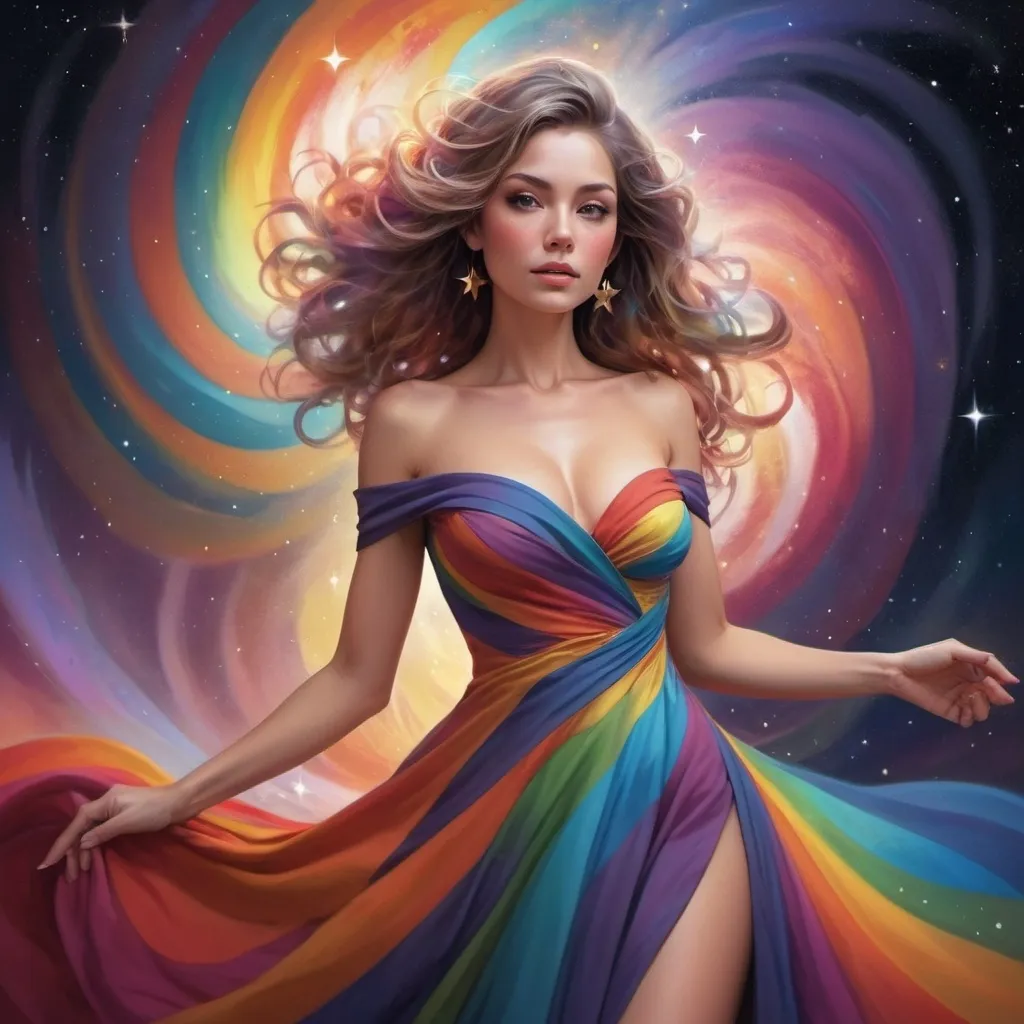 Prompt: a woman in a dress with a colorful swirl around her body and a star filled sky behind her, with a colorful swirl in the background, Artgerm, fantasy art, highly detailed digital painting, an airbrush painting