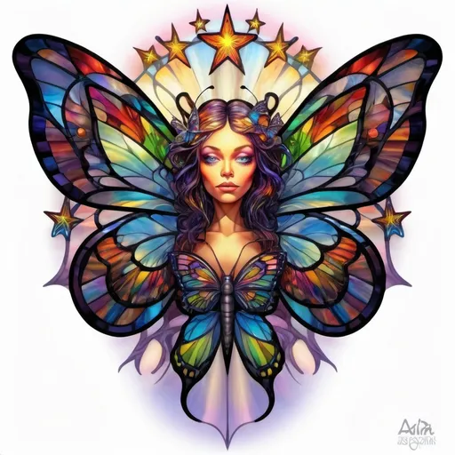 Prompt: a colorful butterfly with a woman's face on it's wings and a star above it's head, Android Jones, psychedelic art, highly detailed digital art, an airbrush painting