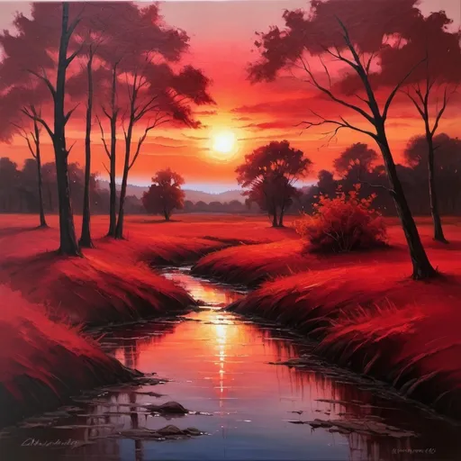 Prompt: Red sunset landscape, oil painting, vibrant colors, fine details, high-quality, realistic, warm tones, dramatic lighting, expansive horizon, silhouettes of trees, serene atmosphere