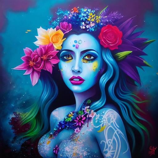 Prompt: Flower Siren graffiti art, splash art, street art, spray paint, oil gouache melting, acrylic, high contrast, colorful polychromatic, ultra detailed, ultra quality, CGSociety