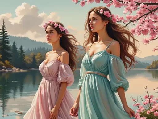 Prompt: This is a highly detailed digital painting depicting two young women standing side by side in a picturesque, serene landscape. The women are positioned slightly to the left of the center, both looking off into the distance with a dreamy, contemplative expression. The woman on the left has long, wavy brown hair adorned with a pink flower crown. She is wearing an off-the-shoulder, pale pink dress with puffed sleeves and a cinched waist. Her skin is fair, and she has delicate features with a small nose and soft pink lips.

The woman on the right has long, flowing pinkish-brown hair that cascades over her shoulders. She is dressed in an off-the-shoulder, turquoise dress with a lace trim at the neckline and sleeves, and a beaded belt at the waist. Her skin is also fair, and she has similar delicate features with slightly fuller lips.

The background is a tranquil, natural setting featuring a calm lake with a reflective surface, surrounded by lush green trees and pink cherry blossom trees in full bloom. The sky is a soft gradient of blue to orange, suggesting either sunrise or sunset. In the distance, there are gentle, forested hills. The overall style of the painting is realistic with a touch of fantasy, emphasizing a romantic, ethereal atmosphere.