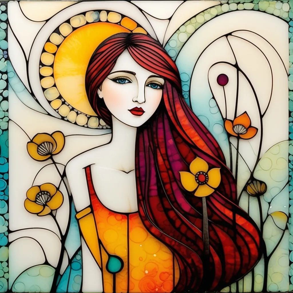 Prompt: Abstract encaustic texture, gradient inking colors, Jessica Galbreth, Irmgard Schoendorf Welch, Javier Mariscal, Charles Rennie Mackintosh, Lee Mullican style, a beautiful whimsical young woman, wonderland, decoupage.