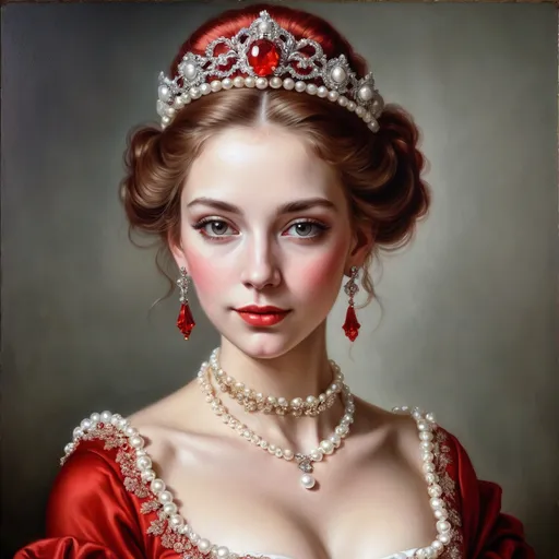 Prompt: a painting of a very beautiful woman wearing a red dress and a tiara with pearls on her head and a pearl necklace, , rococo, highly detailed oil painting, a photorealistic painting