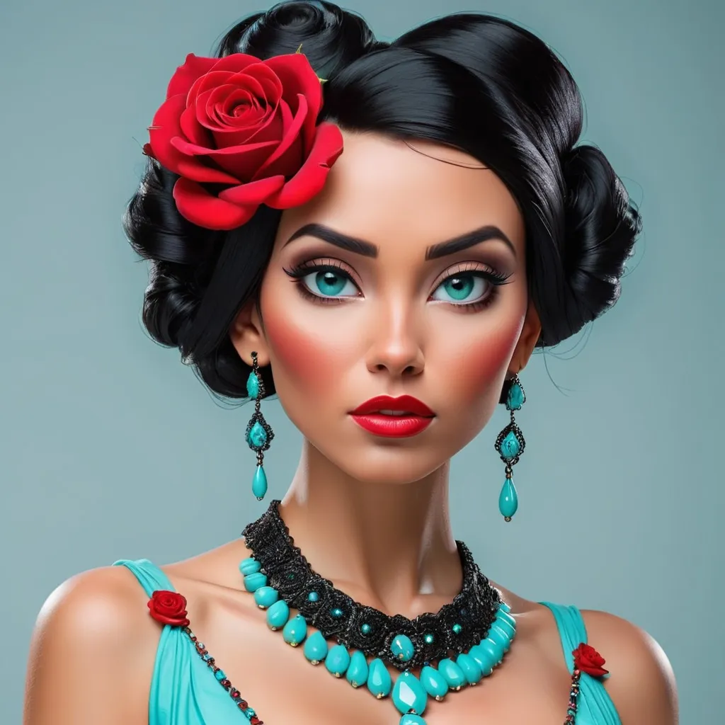 Prompt: Beautiful woman, shiny black hair in an updo, red rose in hair, wearing elaborate turquoise jewelry, facial closeup