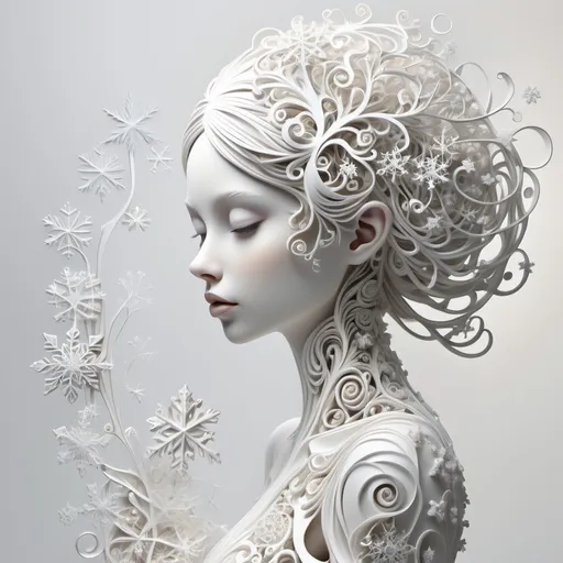 Prompt: A beautiful white female 3D sculpture against a white background, whimsical snowflakes fused throughout the sculpture, Stephanie Law style of hyperrealism, very intricate details, abstract vector fractal, wave function, zentangle, 3D shading