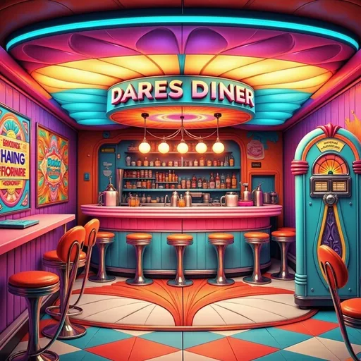 Prompt: Vibrant hues of turquoise and coral envelop a retro diner, where the gleam of chrome accents enhances the nostalgic atmosphere. The scene features a curved bar adorned with prominent signage that reads "DARES DINER," flanked by stylish bar stools in bright orange and silver. Soft lighting casts a warm glow, highlighting colorful menu posters that adorn the walls, while a classic jukebox rests in the corner, evoking a sense of joyful nostalgia. The checkerboard floor in red and white adds a playful contrast, completing the lively yet cozy ambiance of this inviting eatery, reminiscent of a carefree era.