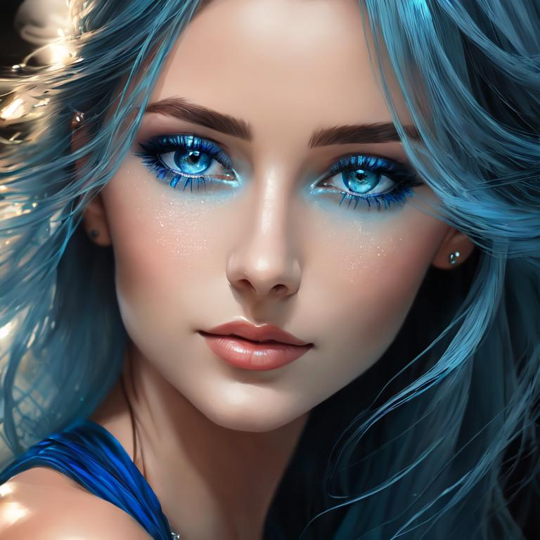 Prompt: Realistic portrayal of blue beauty, photorealistic, serene water reflection, detailed facial features, flowing blue gown, high resolution, vivid realism, professional, peaceful ambiance, calming lighting, elegant hair, graceful pose, tranquil atmosphere, photorealism, detailed eyes, flowing fabric, serene, calming tones, natural lighting