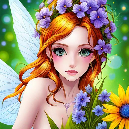 Prompt: a fairy of spring, ,wildflowers, vivid colors,  facial closeup