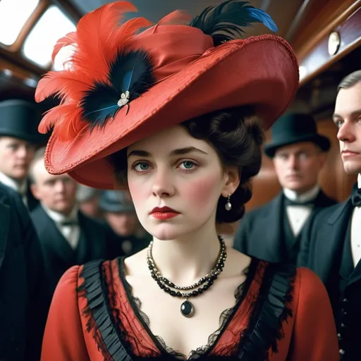 Prompt: fashionable 1st class  female passenger on the Titanic, pale skin, dark styled hair, large lips,  looking sad, facial closeup, vibrant colors, red dress and elaborate hat with feathers
