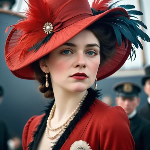 Prompt: fashionable 1st class  female passenger on the Titanic, pale skin, dark styled hair, large lips,  looking sad, facial closeup, vibrant colors, red dress and elaborate hat with feathers
