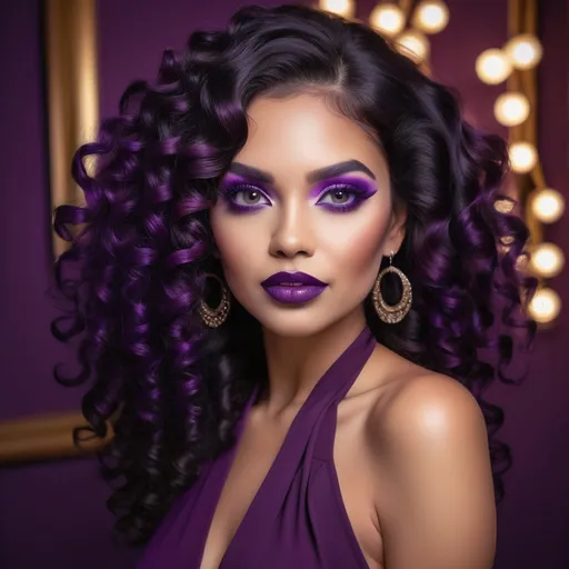 Prompt: With a striking and glamorous presence, a woman exudes confidence in front of a solid purple backdrop that enhances her captivating look. Her luxurious black and purple curls frame her face beautifully, complementing the bold, dramatic eye makeup featuring shades of deep purple that extend to her lashes, and a rich plum lipstick that accentuates her full lips. She wears a sleek halter neck top in a vibrant shade of purple, detailed with a contrasting white collar that adds a touch of sophistication. The scene is impeccably styled with a focus on high fashion and elegance, creating a mood that is both striking and artistic, channeling a sense of fierce confidence and allure.