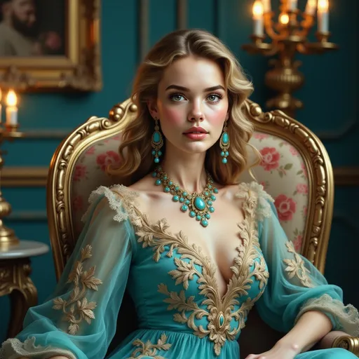 Prompt: Bathed in a rich turquoise hue, a young woman sits gracefully in an ornate, gilded armchair, exuding elegance and poise. Her flowing gown, adorned with intricate gold embroidery and delicate sheer sleeves, complements her ethereal beauty, while opulent turquoise jewels cascade around her neck and ears, adding to her regal appearance. Soft, ambient lighting from nearby candelabra highlights her striking features and perfectly styled hair, creating a warm, inviting atmosphere in this luxurious, vintage setting. The backdrop hints at opulent decor, with baroque elements accentuating the sophistication of the scene, echoing a narrative steeped in glamour and timeless beauty. The overall mood is one of serene confidence, capturing a moment of quiet splendor amidst a lavish interior.