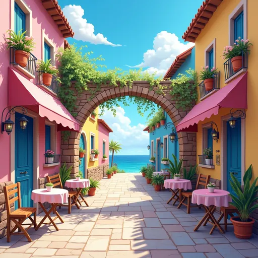 Prompt: A vibrant street scene unfolds in a charming, colorful alleyway adorned with pastel-hued buildings, where shades of pink, blue, and yellow create a cheerful ambiance under a bright blue sky dotted with fluffy white clouds. The archway above, draped with flowering pots, connects two buildings, enhancing the whimsical character of the setting, while inviting café tables and chairs line the cobblestone path, offering a perfect spot for leisurely conversations. Soft pink awnings provide shade for the outdoor seating, and pots of greenery hint at the local flair. This picturesque scene radiates a serene, welcoming atmosphere, enticing visitors to explore the quaint beauty of this hidden gem.