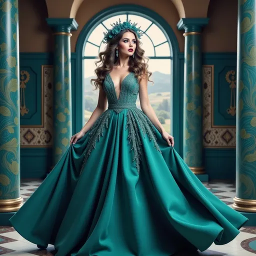 Prompt: Standing gracefully in a vibrant architectural space, a woman clad in an intricately designed teal dress captivates the viewer with her poised demeanor. Her long, dark hair cascades elegantly over her shoulders, adorned with a striking floral headpiece that contrasts beautifully with her attire. Behind her, a series of arched columns frame an enchanting landscape featuring rolling hills and a dynamic sky adorned with swirling patterns. The color palette, rich with blues and greens, enhances the whimsical yet elegant atmosphere of the scene, while the elegant lines and stylized forms lend it a distinct artistic flair, evoking a sense of timeless beauty and intrigue.