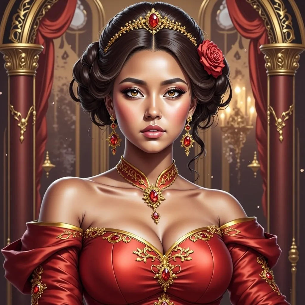 Prompt: <mymodel> a woman in a red dress with gold trimmings and a tiara on her head and shoulders, Chen Hong, fantasy art, highly detailed digital painting, a detailed painting