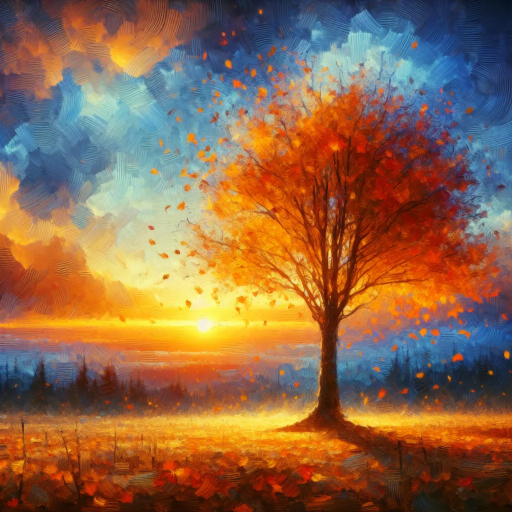 Prompt:  an autumn tree standing under a sunset.  Cyril Rolando, fantasy art, highly detailed digital painting, a detailed painting