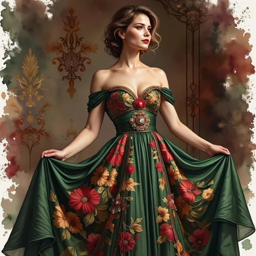 Prompt: Elegantly poised against a richly patterned backdrop, a striking woman showcases a captivating gown adorned with intricate floral motifs and vibrant gem-like embellishments. Her dress features a luxurious combination of deep greens, rich reds, and shimmering golds, accentuating her graceful figure with a sweetheart neckline and a dramatic flared skirt. The model's vintage-inspired hairstyle, characterized by soft curls, frames her delicate features while her bold red lips add a touch of dramatic flair. The setting, with its ornate wallpaper echoing elements of classical design, enhances the overall sophistication, creating a scene that radiates glamour and timeless beauty.