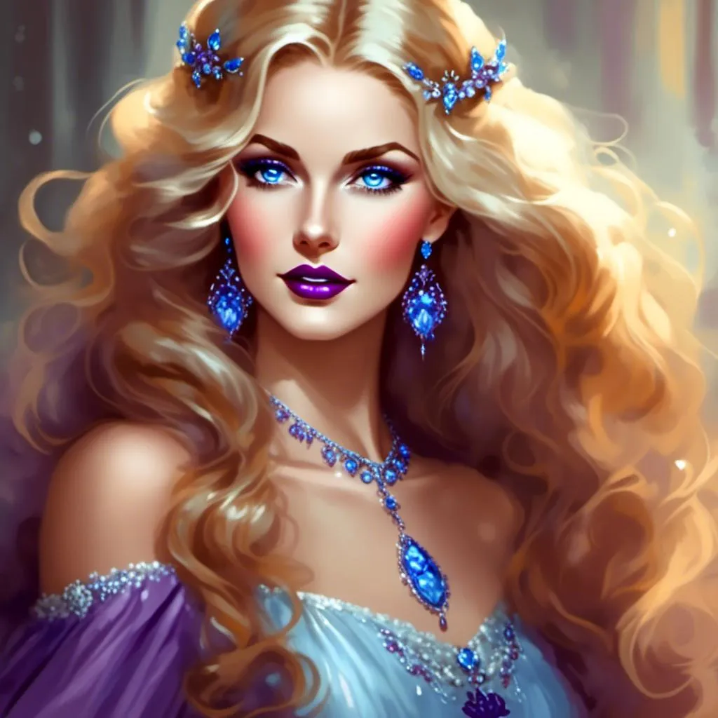 Prompt: <mymodel>Beautiful ethereal woman, long blonde hair,and icy blue eyes color, purple lipstick, facial closeup