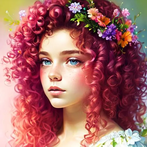 Prompt: a young fairy of spring, very curly hair, pink glow on cheeks,wildflowers, vivid colors, closeup