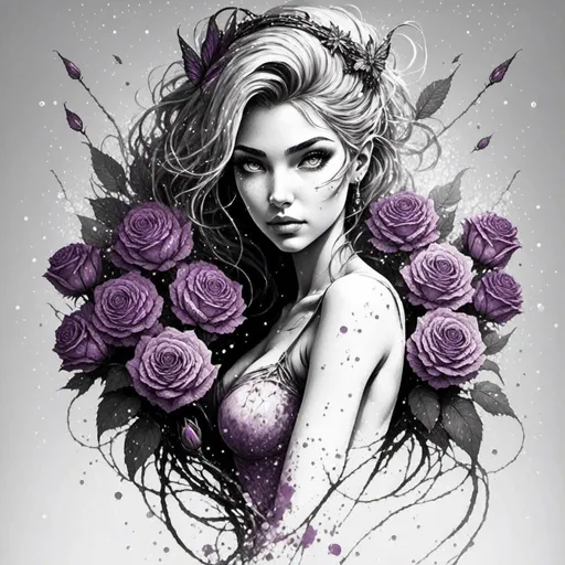 Prompt: <mymodel> peacock fairy goddess, purple roses, facial closeup
