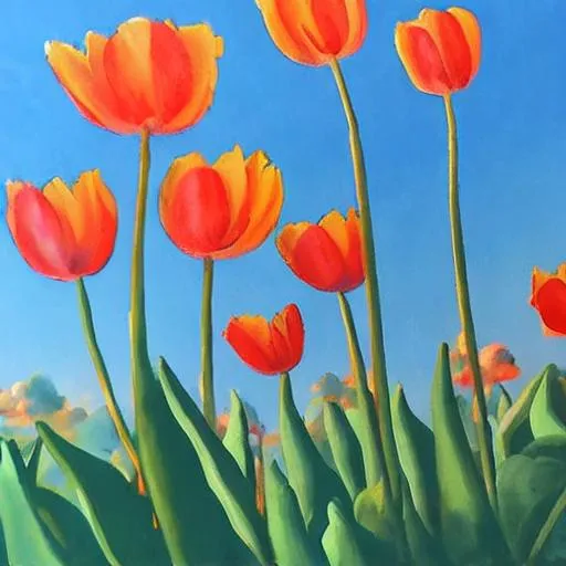 Prompt: Painting of tulips in sunlight light blue sky