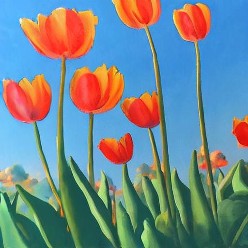 Prompt: Painting of tulips in sunlight light blue sky