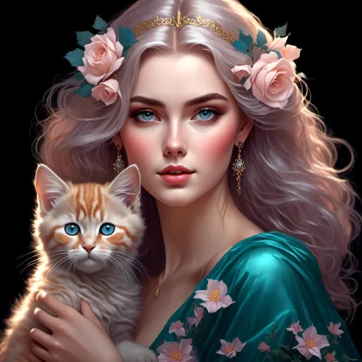 Prompt: <mymodel> illustration of a beautiful woman holding her beloved pet cat