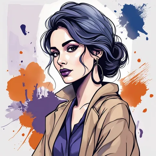 Prompt: This is a digital illustration in a semi-realistic, comic book style. The image features a close-up portrait of a woman with a confident expression. She has a light olive skin tone, and her dark purple hair is styled in an elegant updo with a few loose strands framing her face. Her makeup is bold and dramatic, with deep purple eyeshadow that matches her hair, thick black eyeliner, and dark purple lipstick. She is wearing large, black, teardrop-shaped earrings that add a touch of sophistication to her look. Her outfit includes a light blue, slightly open-collared shirt that contrasts with her makeup and hair. The background is abstract, with broad, sweeping brushstrokes in shades of purple and white, which adds a dynamic and modern feel to the illustration. The overall composition is balanced, with the subject's face centrally positioned and the background elements providing a sense of movement and depth. The use of vibrant colors and clean lines gives the image a striking, contemporary appearance.