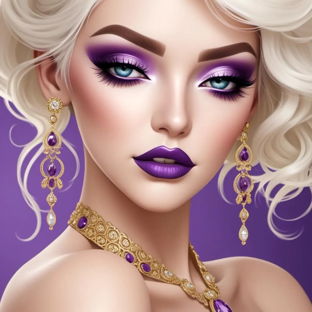 Prompt: <mymodel>Hypnotic bimbo  platinum  blonde   gold lips and purple eyeshadow 