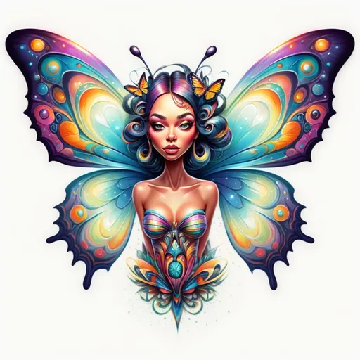 Prompt: a colorful butterfly with a woman's face on it's wings and a star above it's head, Android Jones, psychedelic art, highly detailed digital art, an airbrush painting