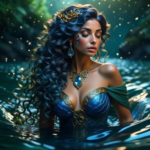 Prompt: <mymodel>HD 4k 3D 8k professional modeling photo hyper realistic beautiful woman ethereal greek goddess druid mermaid
cobalt blue hair olive skin gorgeous face  jewelry druid crown colored mermaid tail full body surrounded by ambient glow hd landscape under lush celtic waters

