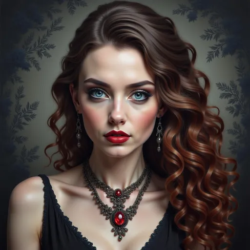 Prompt: a woman with long hair and a necklace on her neck and a red lipstick on her cheek and a black dress, Carla Wyzgala, gothic art, highly detailed digital painting, a photorealistic painting