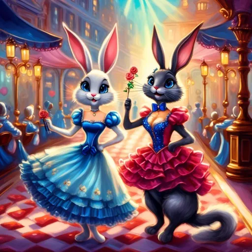 Prompt: <mymodel>Funny illustration of a anthropomorphic rabbit and cat in beautiful dresses , Tim Burton style eyes, bright and colorful, whimsical bright colorful background, comical expressions, high quality, detailed fur, playful, cartoonish, vibrant colors, imaginative lighting