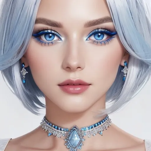 Prompt: A beautiful woman, white hair, blue eyes, blue eyeshadow, blue jewels o