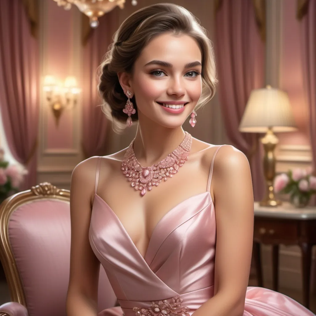Prompt: elegant lady, sophisticated attire, shimmering pink dress adorned with intricate embellishments, poised posture, engaging smile, luxurious accessories including a sparkling necklace and delicate earrings, soft lighting accentuating her features, romantic ambiance, elegant background with opulent furnishings, warm color tones creating a welcoming atmosphere, ultra-detailed, photorealistic quality, capturing the essence of elegance and charm.