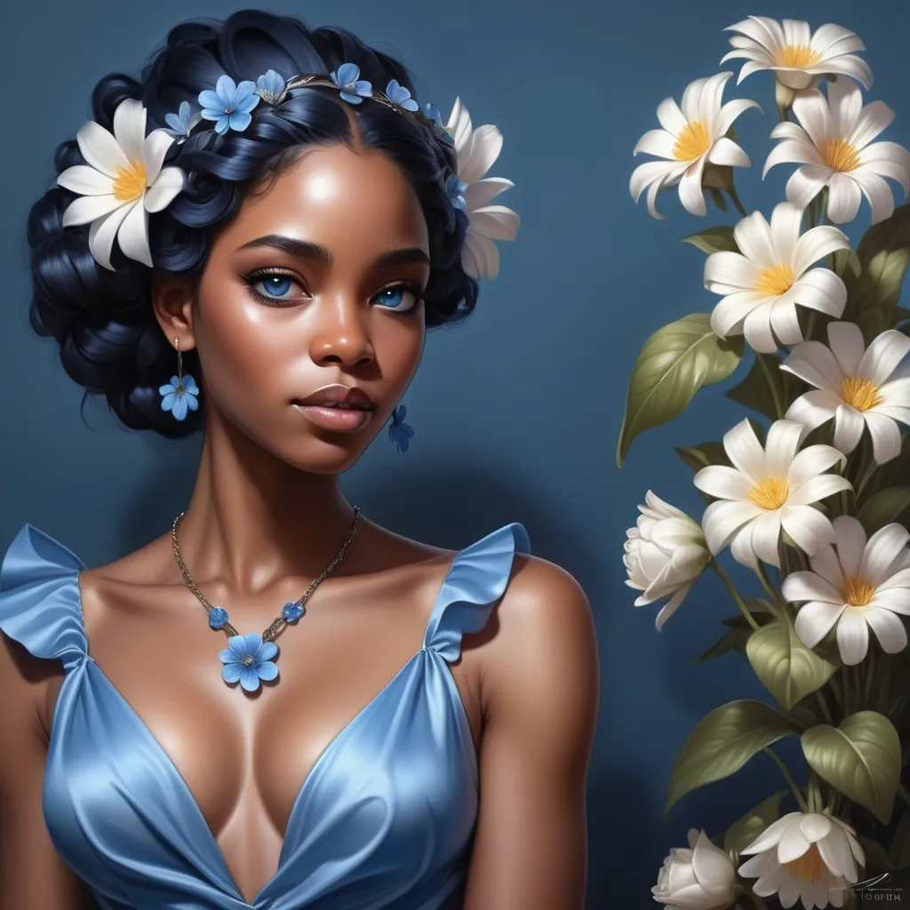 Prompt: a  black woman with a blue eyes wearing a blue  dress and a flower in her hair and a necklace with flowers in her hair, Artgerm, fantasy art, highly detailed digital painting, a photorealistic painting