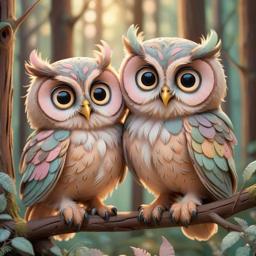 Prompt: Adorable illustration of two owls, soft pastel colors, dreamy forest setting, ultra-detailed feathers, big expressive eyes, whimsical, high quality, pastel colors, dreamy lighting