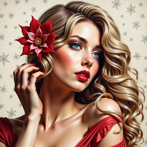 Prompt: a beautiful woman with long blonde hair wearing a red dress and a flower in her hair, with a red satin draped background, Charlie Bowater, fantasy art, highly detailed digital painting, a detailed painting