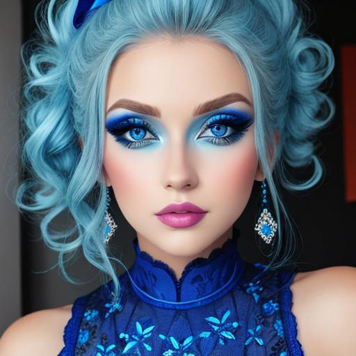 Prompt: A woman all in blue, blue eyes, pretty makeup