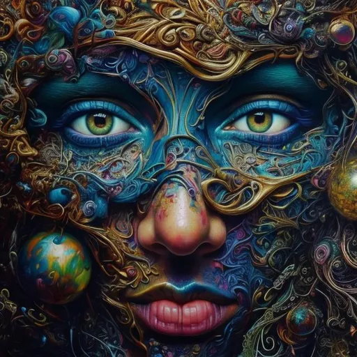 Prompt: Surreal painting of face, oil painting, vibrant and dreamy, hyper-realistic, intricate details, colorful and vibrant, high quality, surrealism, oil painting, vibrant colors, hyper-realism, intricate details, dreamy lighting
