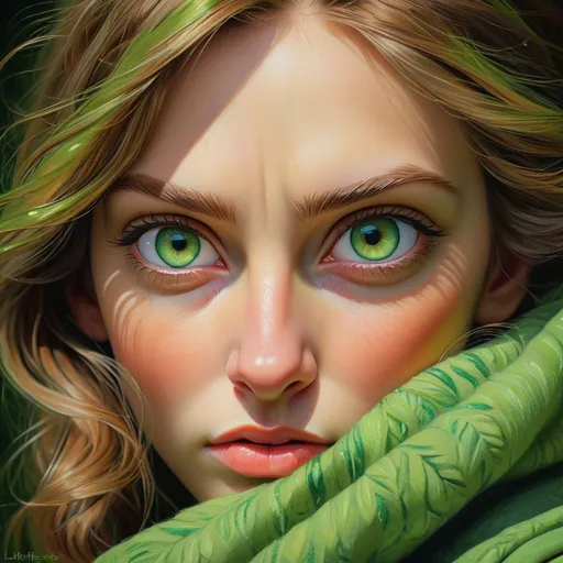 Prompt: Close-up, realistic painting of mesmerizing green eyes, lifelike details, vibrant shades of green, subtle reflections, high resolution, realistic painting, detailed facial features, intense gaze, professional, lifelike, vibrant green, high quality, realistic, detailed, atmospheric lighting